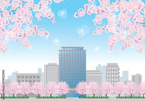 桜が咲く春のオフィスビルのイラスト
