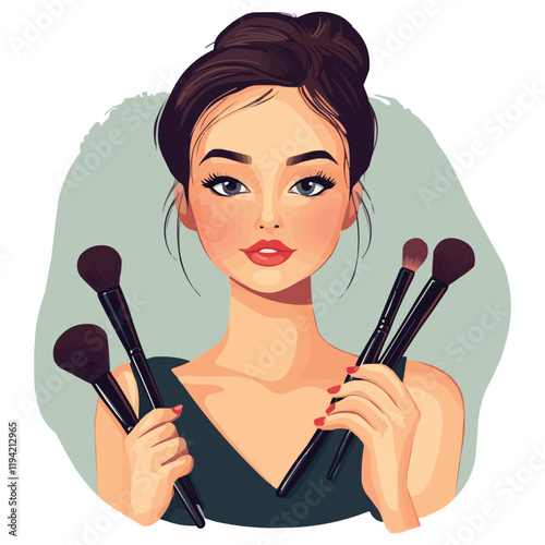 girl with makeup brushes in hands vector isolated on solid background
