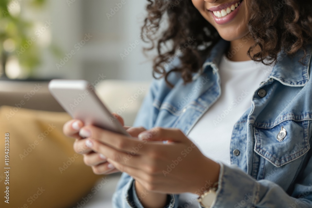 Smiling woman using smartphone, dressed in denim, sitting on a couch with a blurred background. Concept of technology, leisure, and communication. Ai generative Smiling woman using smartphone, dressed in denim, sitting on a couch with a blurred background. Concept of technology, leisure, and communication. Ai generative