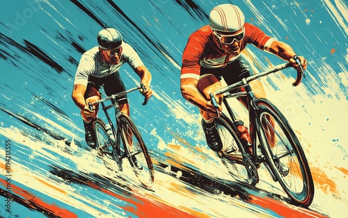 Cyclist racing in retro gear, digital art illustration capturing the nostalgia of classic cycling events with bright colors and detailed vintage elements