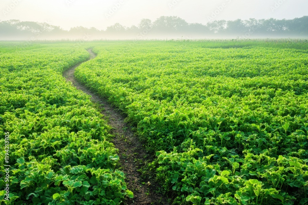 Serene Morning Landscape of Lush Green Field with a Winding Path Through the Dew-Kissed Vegetation Under a Gentle Misty Atmosphere Serene Morning Landscape of Lush Green Field with a Winding Path Through the Dew-Kissed Vegetation Under a Gentle Misty Atmosphere