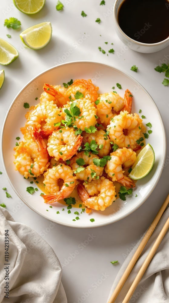 Delicious garlic butter shrimp with lime and cilantro on a white plate Delicious garlic butter shrimp with lime and cilantro on a white plate