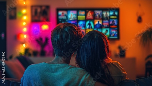 Wallpaper Mural Couple Cozy Night: Streaming Shows Together, Relaxing at Home, Enjoying Movie Night with Soft Lighting. Torontodigital.ca