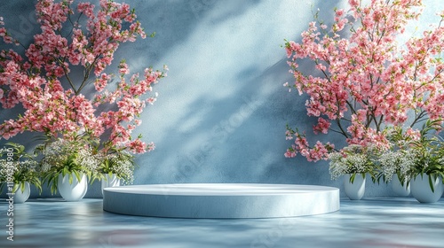 Pink Cherry Blossoms and White Flowers in a Serene Spring Garden Setting. Elegant Floral Display with a Blue Background.