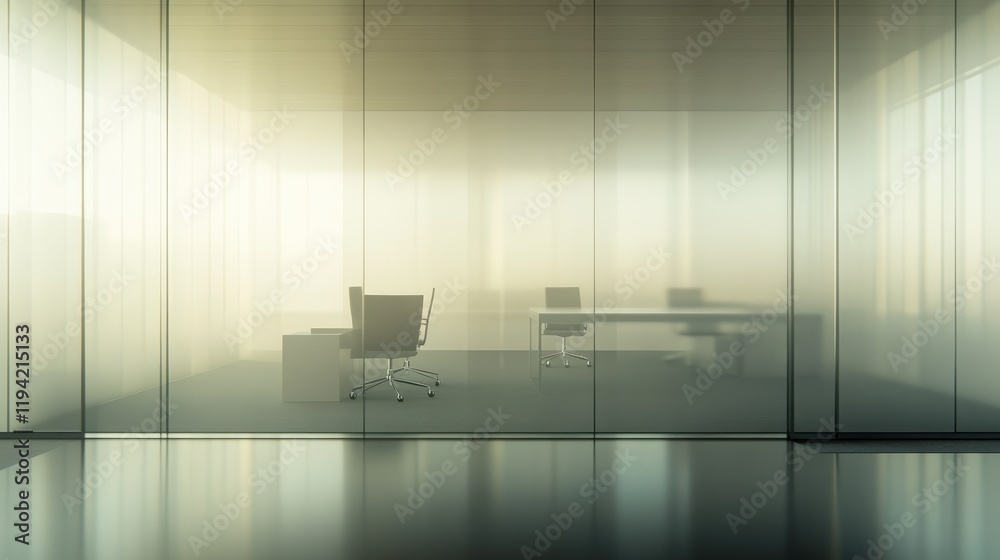 Fototapeta premium Office Interior: Minimalist and sleek, an office space bathed in warm natural light, showcasing a contemporary design with translucent glass walls and minimal furniture. The desk, chairs.