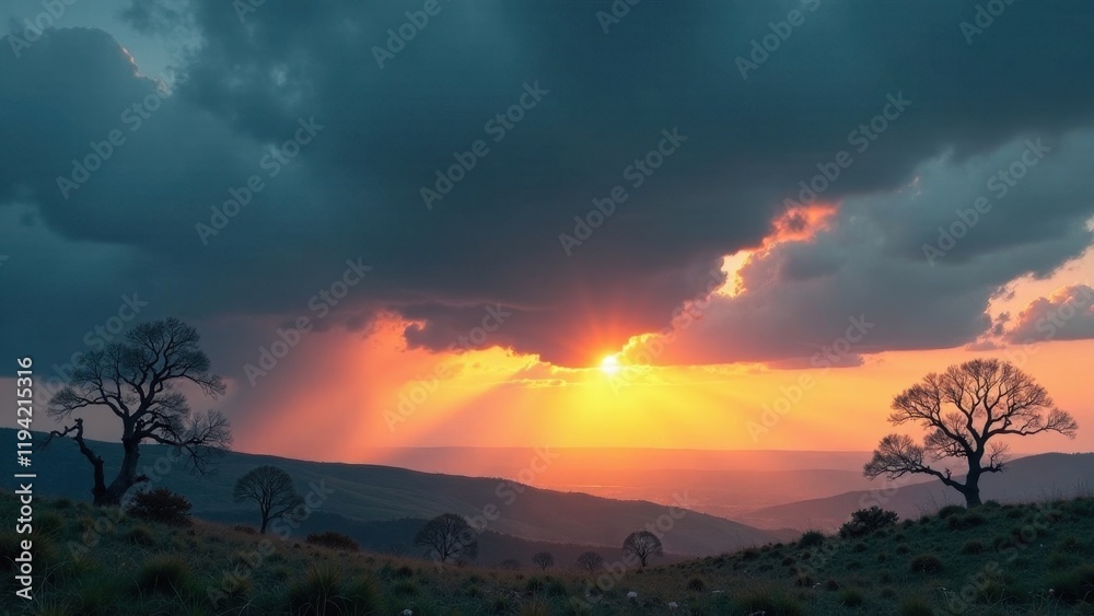 Obraz premium Serene Sunset Landscape Featuring Silhouetted Trees on Rolling Hills Under a Dramatic Sky