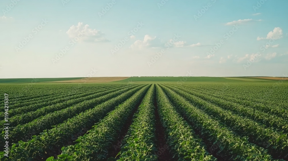 Endless Fields of Promise: A panoramic view of a vast agricultural field, rows of lush green crops stretching endlessly under a bright blue sky dotted with fluffy white clouds. Endless Fields of Promise: A panoramic view of a vast agricultural field, rows of lush green crops stretching endlessly under a bright blue sky dotted with fluffy white clouds.