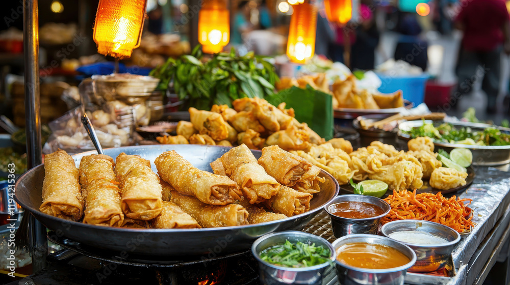 Obraz premium Street Food Delights: A vibrant array of freshly prepared street food, including golden-brown spring rolls and various other tempting dishes, sits invitingly on display at a bustling night market.