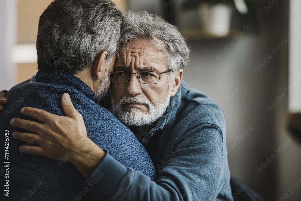 Senior man is hugging his friend and feeling sad Senior man is hugging his friend and feeling sad