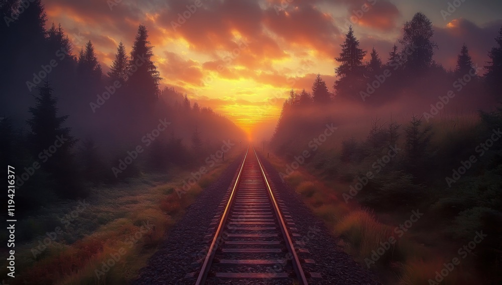 Fototapeta premium Sunrise over Misty Railway Tracks