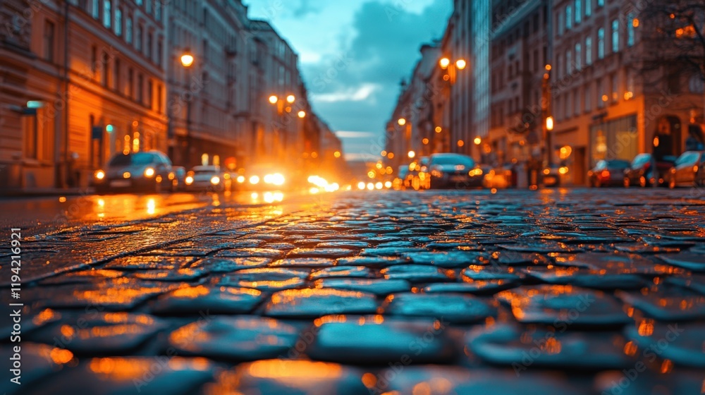 Fototapeta premium Vibrant City Street at Dusk with Wet Cobblestone Road and Warm Street Lights