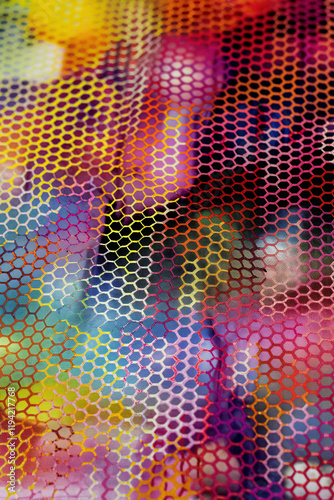 Colorful mesh fabric showing an honeycomb pattern creating a vibrant texture