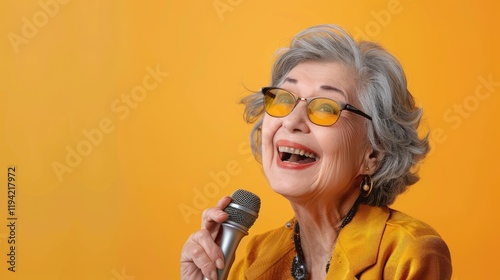 Portrait of happy old woman holding a microphone stand and singi photo