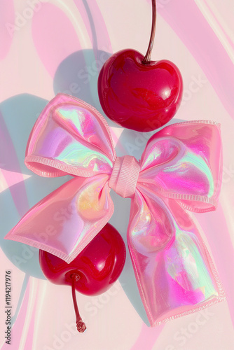 Two ripe cherries and a pink bow on a holographic background