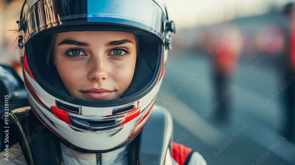 Female kart racer wearing helmet and preparing for race on track Female kart racer wearing helmet and preparing for race on track