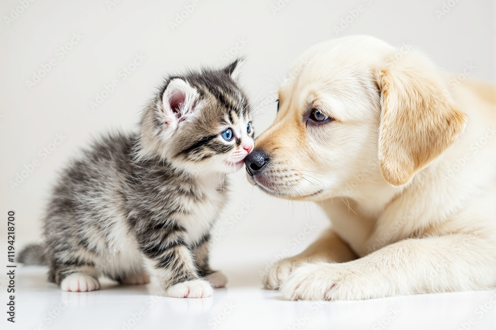 A fluffy kitten with blue eyes and a yellow puppy gently touching noses on a white background. Concept of friendship and bonding. Ai generative A fluffy kitten with blue eyes and a yellow puppy gently touching noses on a white background. Concept of friendship and bonding. Ai generative