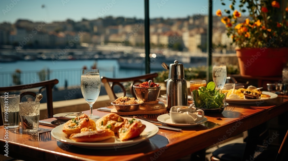 Fototapeta premium table setting at restaurant HD 8K wallpaper Stock Photographic Image