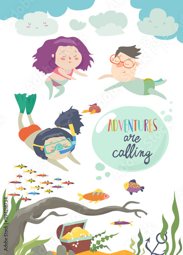 Happy children swimming on sea. Girl diving and looking at the fish. Vector illustration