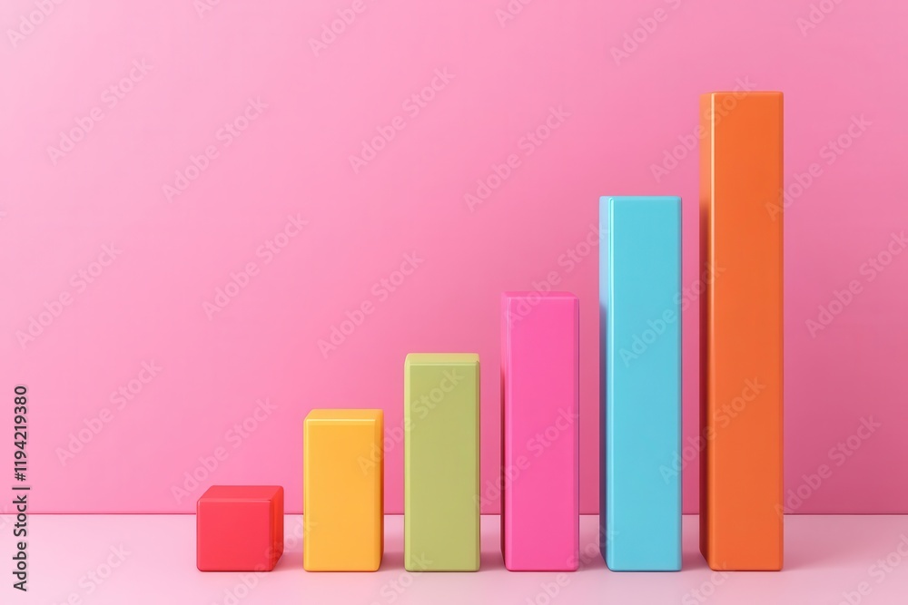 A colorful bar graph on a pink background illustrates growth and progress through varying heights of blocks. A colorful bar graph on a pink background illustrates growth and progress through varying heights of blocks.