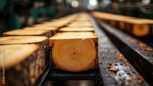 Close-up of Freshly Cut Logs on a Conveyor Belt in a Lumber Mill, Highlighting Natural Wood Grain and Manufacturing Process for Industry Use photo