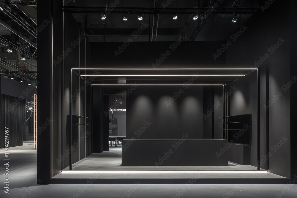 Dark exhibition space with minimalist white LED strip lighting. Dark exhibition space with minimalist white LED strip lighting.