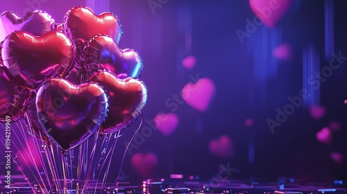 Valentine's Day giveaway poster design, neon-lit heart-shaped balloons and tech gadgets, futuristic, vivid colors
