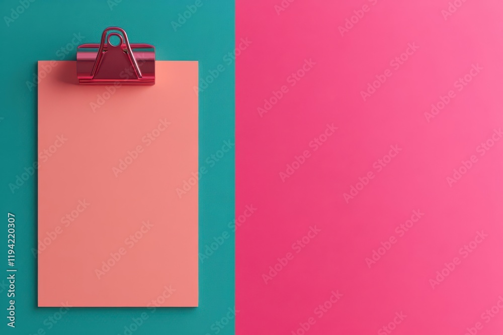 A vibrant clipboard with a blank peach sheet on a teal background, alongside a smooth pink surface. A vibrant clipboard with a blank peach sheet on a teal background, alongside a smooth pink surface.