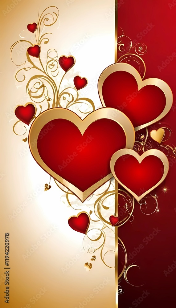 Elegant Valentine's Day Illustration with Gold and Red Hearts Elegant Valentine's Day Illustration with Gold and Red Hearts
