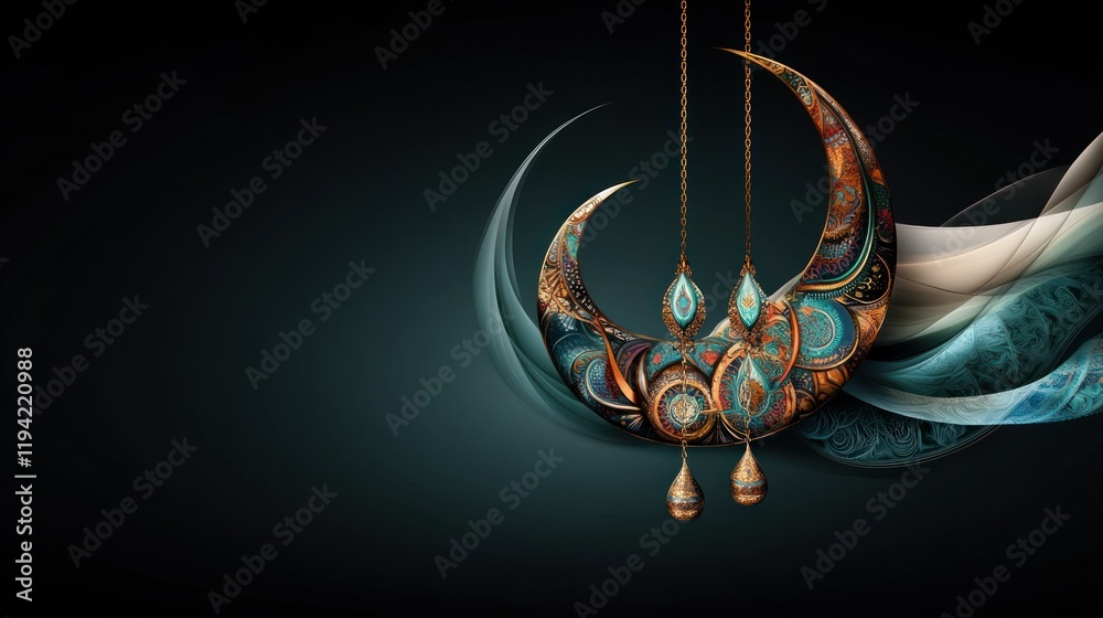 Naklejka premium Ornate Moon-Shaped Pendant with Turquoise Accents and Artistic Swirls