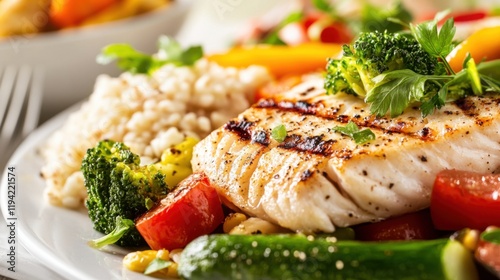 A balanced pescatarian meal, with grilled fish, vegetables