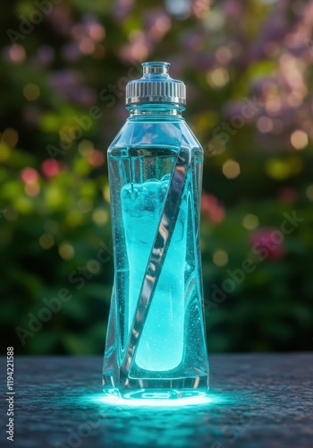 Glowing blue liquid in bottle with nature background and bokeh effect photo