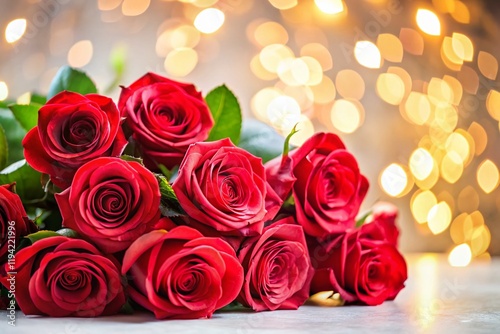 Lush Red Rose Bouquet, Soft Bokeh Background - Romantic Floral Stock Photo
