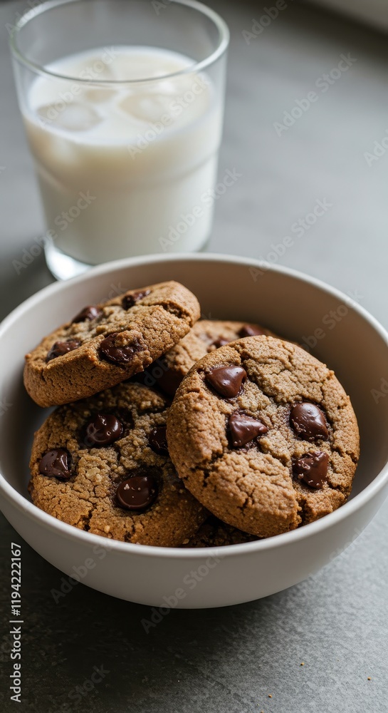 Freshly baked chocolate chip cookies with glass of milk on grey surface Freshly baked chocolate chip cookies with glass of milk on grey surface