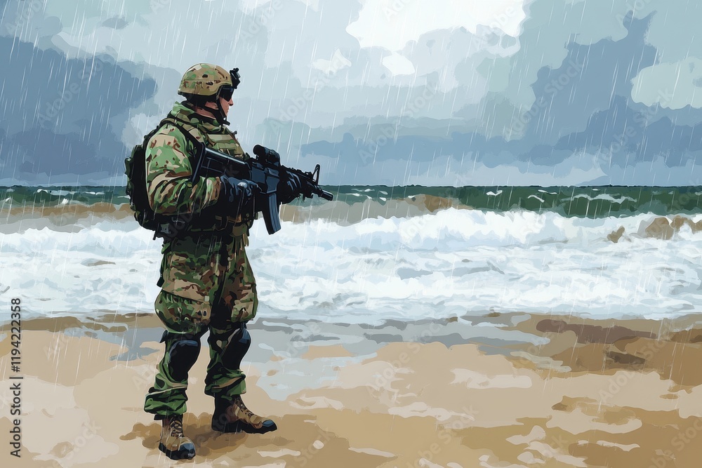 Soldier in Camouflage Uniform Standing on Beachfront During Heavy Rain, Holding Assault Rifle and Gazing at the Stormy Sea with Dramatic Clouds Above Soldier in Camouflage Uniform Standing on Beachfront During Heavy Rain, Holding Assault Rifle and Gazing at the Stormy Sea with Dramatic Clouds Above