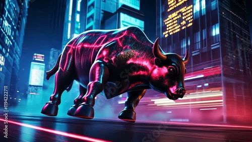Charging Bull in Neon Cityscape: A Symbol of Financial Power