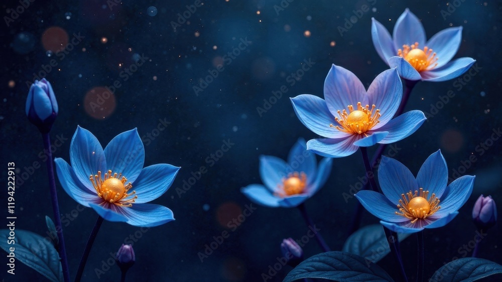 Fototapeta premium Serene Blue Flowers Glowing Under a Dark Night Sky with Sparkling Dust