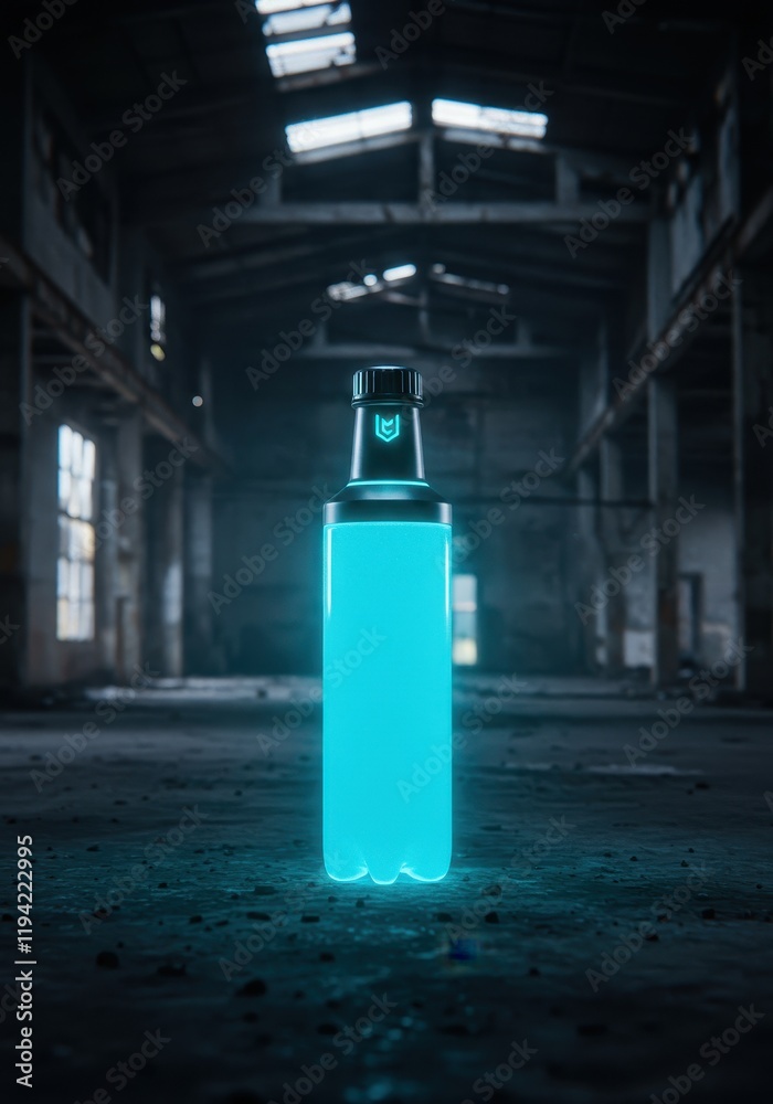 Glowing blue bottle in abandoned warehouse setting Glowing blue bottle in abandoned warehouse setting