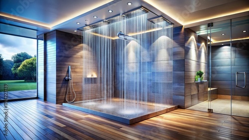 Luxurious Walk-in Shower with Rainfall Showerhead, Modern Bathroom Design, Long Exposure Photography