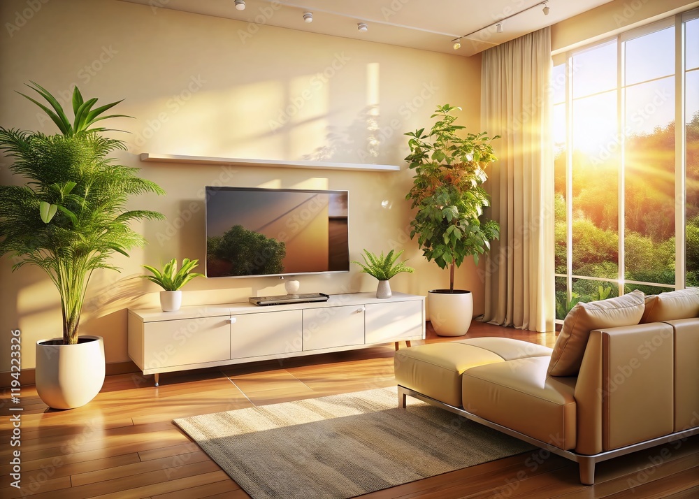 Fototapeta premium Luxury Living Room Interior: Cream Leather Sofa, Smart TV, & Sunlight Bokeh