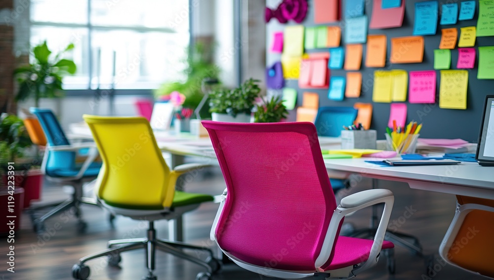Fototapeta premium Colorful Office Chairs and Desk Enhance Workspace Productivity and Creativity with Vibrant Designs