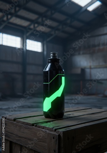 Futuristic green-glowing drink bottle in abandoned industrial warehouse