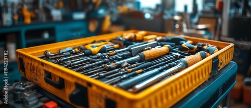 An overstuffed toolbox with an assortment of tools like saws photo