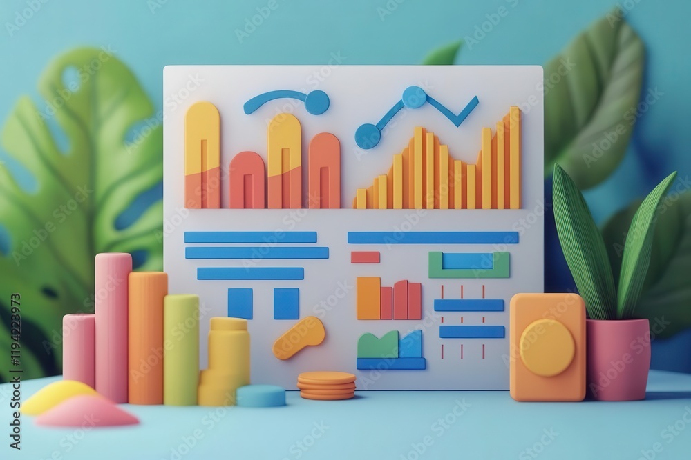 Obraz premium A colorful 3D illustration of charts and graphs, representing data analytics, surrounded by vibrant plants on a pastel background.