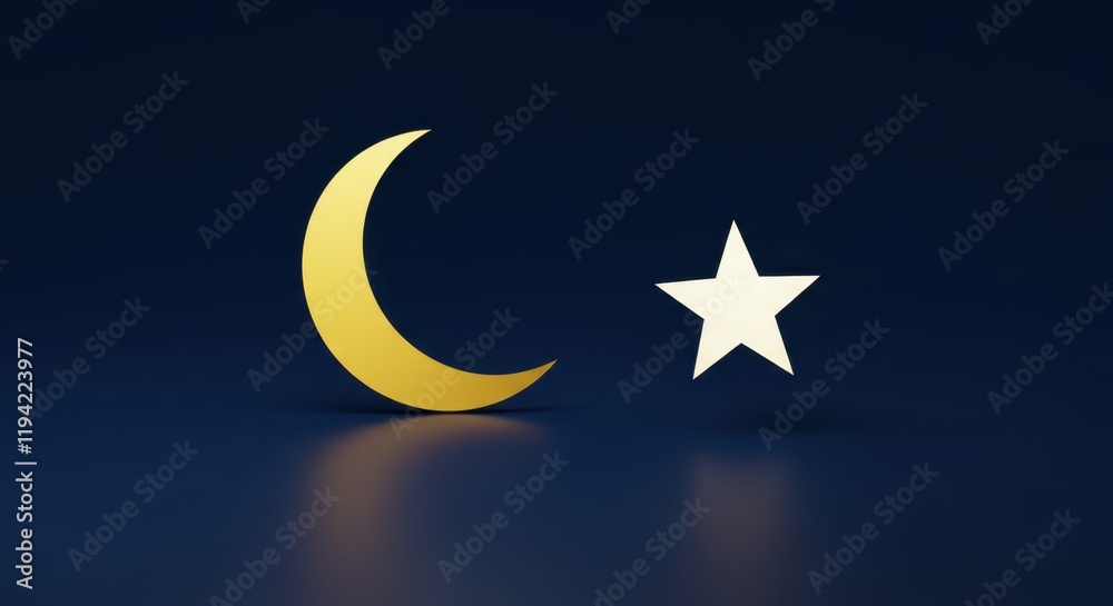 Moon and star minimalist symbol against deep blue background Moon and star minimalist symbol against deep blue background
