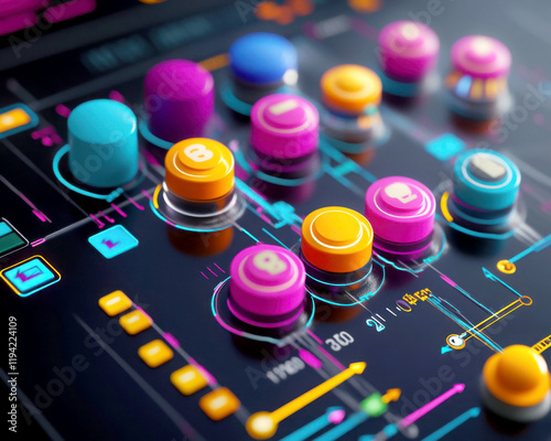 Colorful control buttons on a modern digital interface panel.