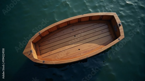 An empty wooden boat in the middle of a pond, top view