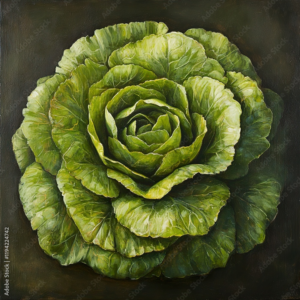 Obraz premium Closeup of a Vibrant Green Cabbage, Botanical Painting