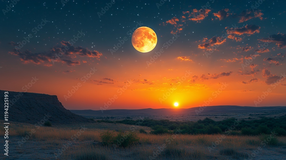 Sunset over a dry landscape with a blood moon Sunset over a dry landscape with a blood moon