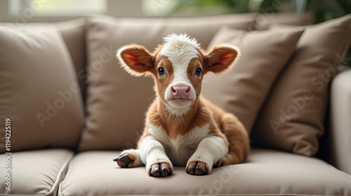 Cute little calf is lying on the couch in the room