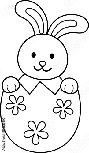 Easter bunny sitting in eggshell outline.
Rabbit sitting in cracked eggshell coloring drawing.
Spring Easter Element.
Transparent background.